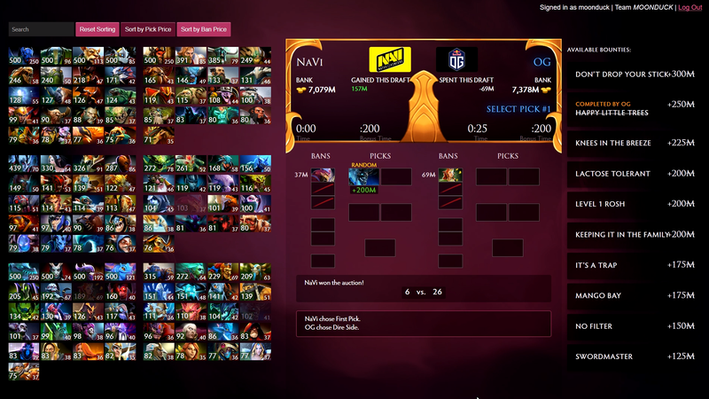 The Midas Mode pick screen, complete with pick and ban costs for each hero and a list of available bounties.